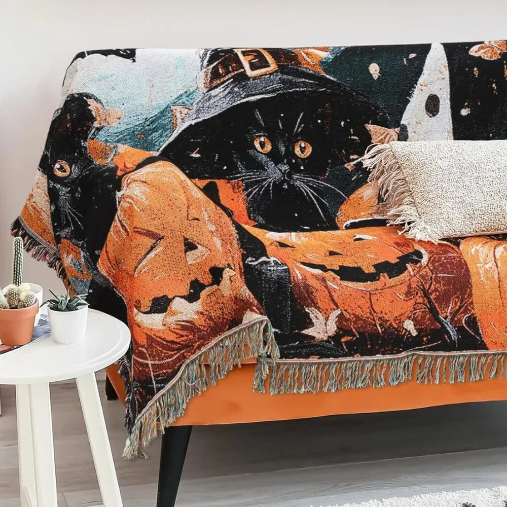 Vintage Kittens with Pumpkins Halloween Blanket Sofa Throw